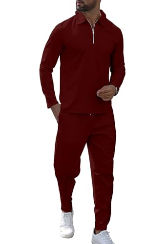KUYIGO Herren-Trainingsanzüge mit 1/4-Reißverschluss, Poloshirt, 2-teilig, langärmelig, Sweatshirt, Jogginganzug, lässige Waffel-Tops, Hose, Sport, Activewear, Golfanzug, S-XXL, weinrot, L KUYIGO Herren-Trainingsanzüge mit 1/4-Reißverschluss, Poloshirt, 2-teilig, langärmelig, Sweatshirt, Jogginganzug, lässige Waffel-Tops, Hose, Sport, Activewear, Golfanzug, S-XXL, weinrot, L von KUYIGO