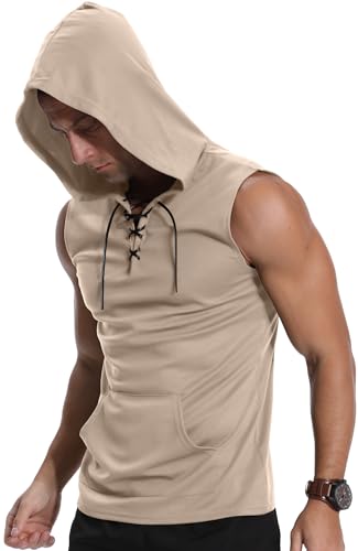 KUYIGO Herren ärmelloses Kapuzen-Sweatshirt Tank Top Fitness Sportweste Muskelabbau T-Shirt Top L Khaki von KUYIGO