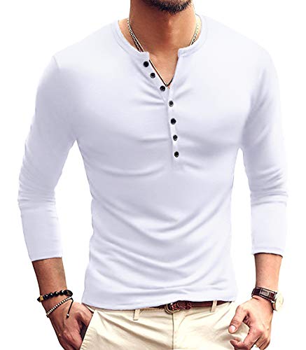 KUYIGO Herrenmode Casual Front Placket Basic Langarm-Henley-T-Shirts Tops XXL Weiß von KUYIGO