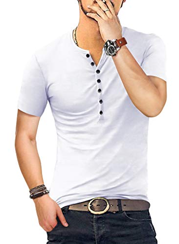 KUYIGO Herrenmode Casual Front Placket Basic Short Sleeve Henley T-Shirts Tops M Weiß von KUYIGO
