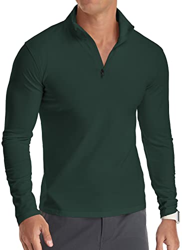 KUYIGO Langarm-Poloshirts für Herren, 1/4-Reißverschluss, einfarbig, lässig, schmale Passform, Stehkragen, Basic-Design, Baumwollhemden, S, Dunkelgrün von KUYIGO