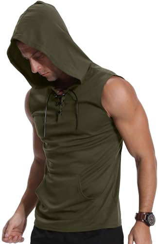KUYIGO Männer Muskel-Weste ärmellose Kapuzenweste Mode T-Shirt S Armee Grün von KUYIGO