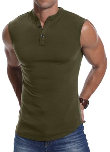 KUYIGO Men's Muscle Vest Ärmellos Henley Vest Fashion T-Shirt Armeegrün XXL von KUYIGO