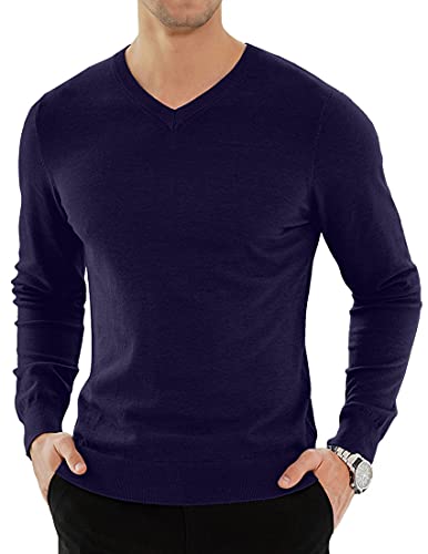 KUYIGO Mens Plain V-Neck Jumper Knitted Casual Long Sleeve Pullover Sweater Top Work Office Professional Smart L Navy von KUYIGO