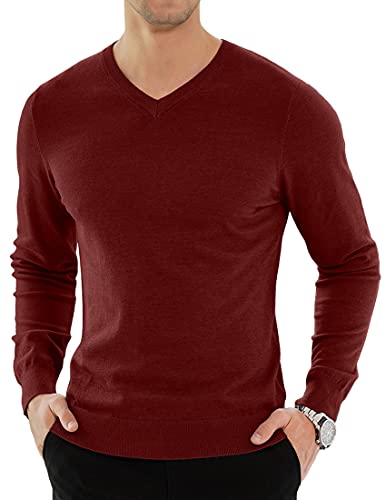 KUYIGO Mens Plain V-Neck Jumper Knitted Casual Long Sleeve Pullover Sweater Top Work Office Professional Smart L Weinrot von KUYIGO