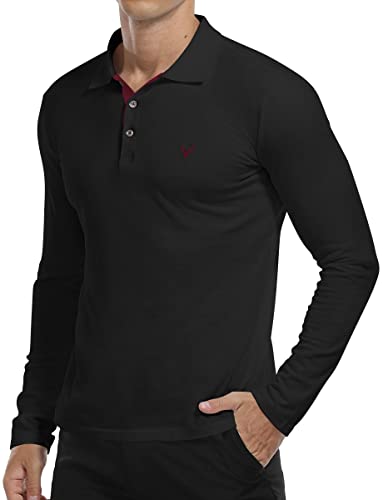 KUYIGO Shirt Herren Langarm Poloshirt Einfarbig Slim Fit Lässige T-Shirts L Schwarz von KUYIGO