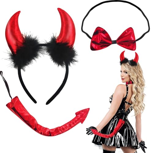 Teufel Kostüm Damen - 4-teiliges Set - Rotes Teufels-Set - Teufel Hörner, Teufelschwanz, Teufel Haarschmuck und Handschuhe - für Halloween und Karneval von KUYOEJAR