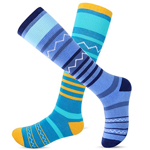 2 Paar Kinder Skisocken | Kniestrümpfe für Jungen und Mädchen | Warme Kinder Winter Thermo Socken Größen 26-34 | Winter Sportsocken für Kinder (Blau mit hell blau) von KUYOU