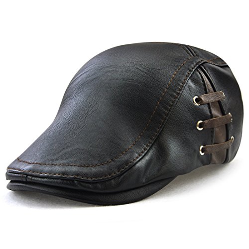 Kuyou Herren Gatsby Flatcap PU-Leder Schiebermütze Ivy Schirmmütze Kappe (Stylische Schwarz) von KUYOU