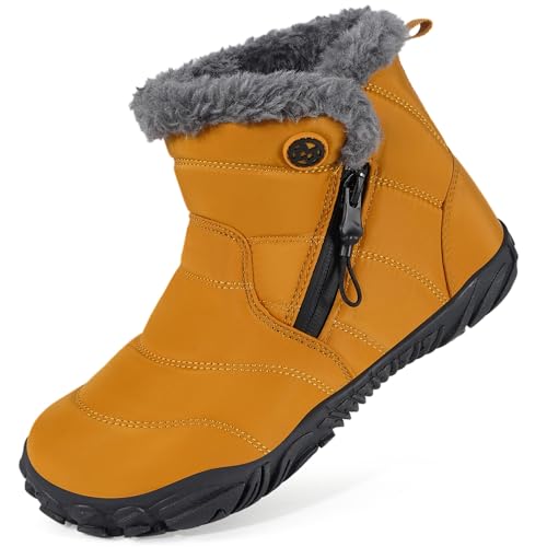 KVbabby Barfußschuhe Gefüttert Kinder Winterstiefel Jungen Mädchen Wasserdicht Winterschuhe Schneestiefel Warm Stiefel Stiefeletten Gelb-A 39EU von KVbabby