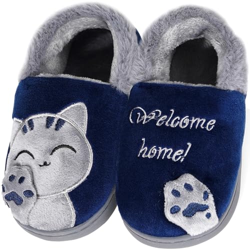 KVbabby Mädchen Jungen Plüsch Baumwolle Hausschuhe Kinder Winter Pantoffeln mit Cartoon Katze Hause Slippers,Blau a,EU18/19=Etikettengröße 140 von KVbabby