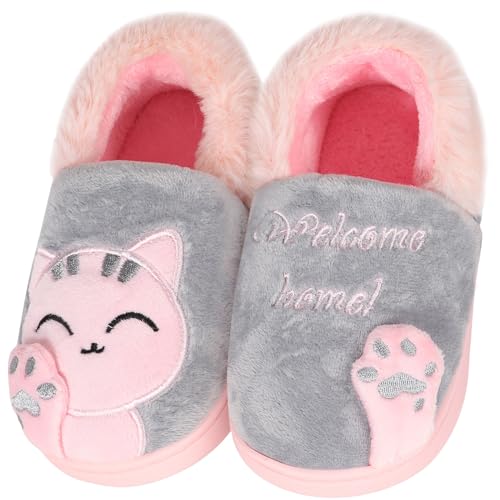 KVbabby Mädchen Jungen Plüsch Baumwolle Hausschuhe Kinder Winter Pantoffeln mit Cartoon Katze Hause Slippers,Grau a,EU22/23=Etikettengröße 160 von KVbabby