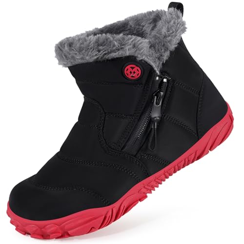 KVbabby Barfußschuhe Gefüttert Kinder Winterstiefel Jungen Mädchen Wasserdicht Winterschuhe Schneestiefel Warm Stiefel Stiefeletten Schwarz Rot-A 32EU von KVbabby