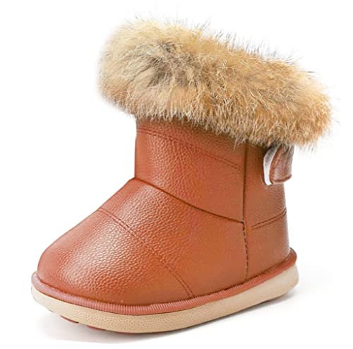 KVbaby Mädchen Warm Gefütterte Schneestiefel Baby Kinder wasserdichte Winterschuhe PU-Leder Kleinkindschuhe Weichsohlen Schlupfstiefel, Braun, Größe 24 EU = Etikett 25 von KVbabby