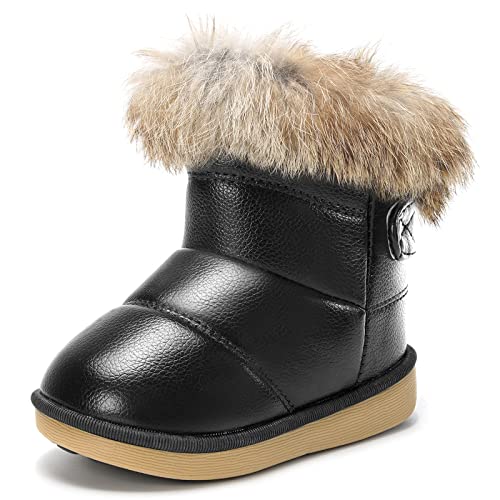 KVbaby Mädchen Warm Gefütterte Schneestiefel Baby Kinder wasserdichte Winterschuhe PU-Leder Kleinkindschuhe Weichsohlen Schlupfstiefel, Schwarz 1, Größe 21 EU = Etikett 22 von KVbabby