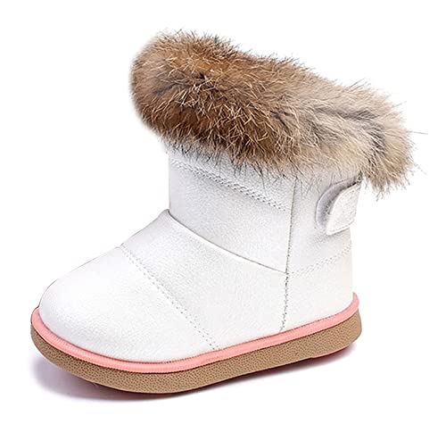 KVbaby Mädchen Warm Gefütterte Schneestiefel Baby Kinder wasserdichte Winterschuhe PU-Leder Kleinkindschuhe Weichsohlen Schlupfstiefel, Weiß, Größe 27 EU = Etikett 28 von KVbabby