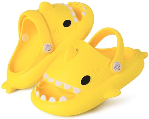 Kinder Shark Slides Jungen Mädchen Kleinkinder Wolke Dusche Hausschuhe Niedlich Cartoon Offene Zehen Sandalen Gepolsterte Dicke Sohle Strand Pool Schuhe, Gelber Riemen, 11-11.5 Little Kid von KVbabby