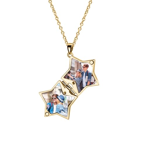 KWCLTH Benutzerdefinierte Foto eingraviert Text Anhänger Medaillon Halskette Stern Form Medaillon Halsketten Schmuck für Frauen von KWCLTH