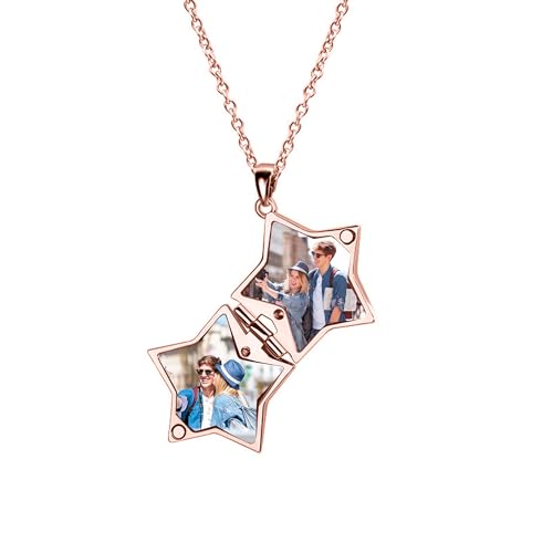 KWCLTH Benutzerdefinierte Foto eingraviert Text Anhänger Medaillon Halskette Stern Form Medaillon Halsketten Schmuck für Frauen von KWCLTH