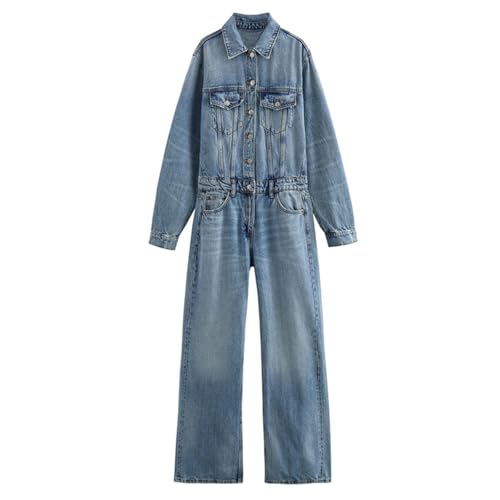 KWISUAWHGA Vintage-Jeans-Overall für Damen Langärmelig mit Knopfleiste Umlegekragen Lässiger Jeans-Overall in Voller Länge,Blau,M von KWISUAWHGA