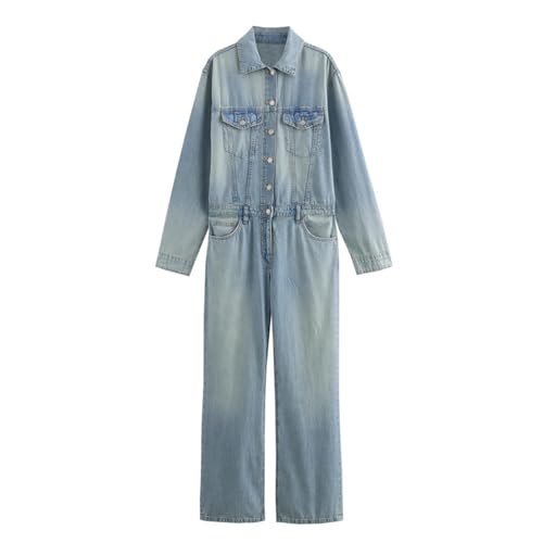 KWISUAWHGA Vintage-Jeans-Overall für Damen Langärmelig mit Knopfleiste Umlegekragen Lässiger Jeans-Overall in Voller Länge,Light blue,L von KWISUAWHGA
