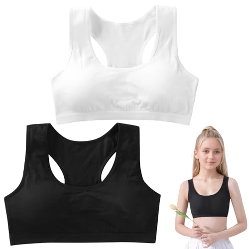 KWJEIULSOQ 2 Stücke Mädchen BH, Sport BH Gepolstert, Teens Unterwäsche mit Abnehmbare Polsterung und Breite Schultergurte, U-Förmiges Design für Mädchen Im Alter Von 8-16 Jahren, Schwarz + Weiß von KWJEIULSOQ
