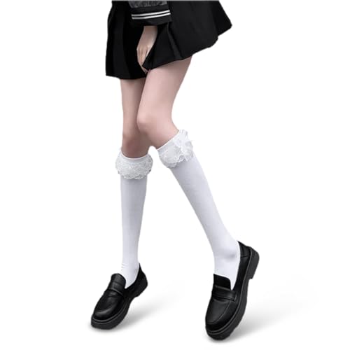 KWJEIULSOQ Kniestrümpfe Socken Rüschen Damen Weiße Lolita Socken Mädchen Schuluniform Socken, Hoch Booten Strümpfe Trachtensocken Mädchen Spitze Prinzessin Strümpfe Cheerleader Socken Lässige Stocking von KWJEIULSOQ