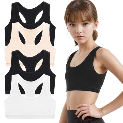 KWJEIULSOQ 4 Pack Bustier Mädchen, Kinder BH, Breiten Mädchen-BHS, Sport BH, Baumwolle Trägertop für Kinder Tweens Teenager Unterhemden Mädchen von KWJEIULSOQ