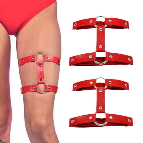 KWJEIULSOQ Strumpfhalter Damen Garter Belt Punk Leder Beinkette Suspender Oberschenkel Ring Harness Gothic Oberschenkelkette für Frauen Rot von KWJEIULSOQ