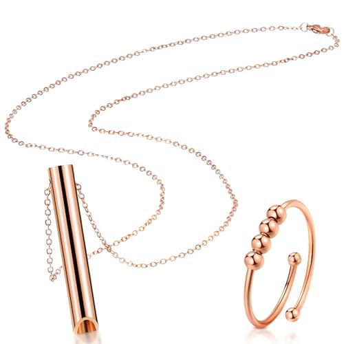 Stressabbau Halskette Ring Achtsame Atmung Halskette Edelstahl Atem Kette Tragbare Atemübungen Halskette Halskette Gegen Angst Halskette und Ring Set für Herren Damen Meditation Entspannung (Rosegold) von KWJEIULSOQ