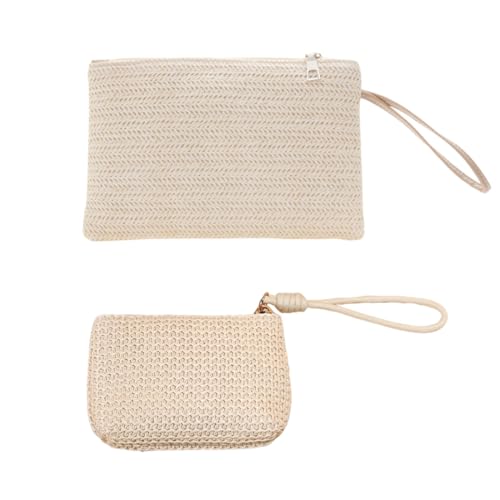 2 Stück Damen Stroh Clutch Bag, Boho-Stil, Sommer-Strandtasche, Reißverschluss-Geldbörse, für Frauen Mädchen von KWKPR