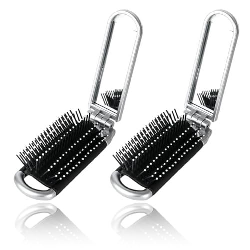 2 Stück Faltbare Reise-Haarbürste, Reisebürste mit Kleiner Spiegel, Tragbare Silber Haar-Styling Kamm, für Damen Herren Frauen von KWKPR
