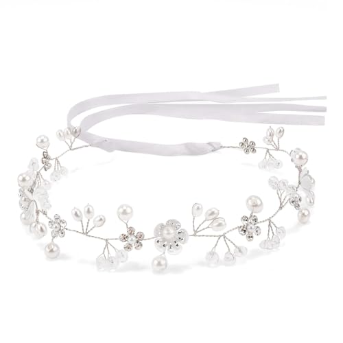 Haarschmuck Mädchen Kinder, Blumenmädchen Kopfschmuck Stirnband, Prinzessin Weiße Blume Kopfschmuck Perlen Haarkleid, Braut Haarschmuck Perle Stirnband von KWKPR