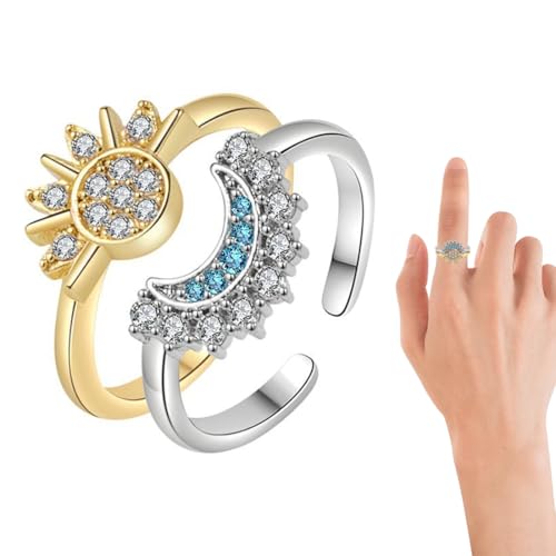 2 Stück Ring Set Sonne Und Der Mond Freundschaftsringe, Offener Ringe Fidget Spinner Ringe, Silber Verstellbar Offene Promise Matching Rings, Verstellbare Stapelbare von KWKPR