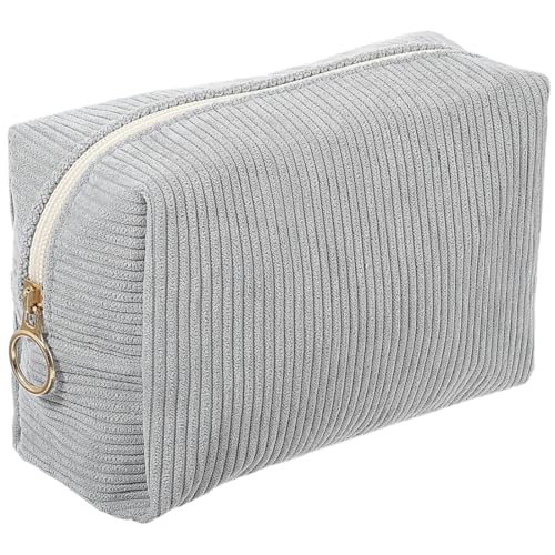 Kosmetiktaschen für Frauen, Grau Cord Schminktasche Reise Kosmetiktaschen mit Metall Reißverschluss, Kordsamt Gesicht Kosmetiktasche von KWKPR