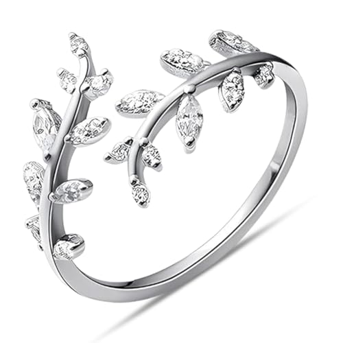 Ringe, Zirkonia Fingerring, Wasserfest Statement Ring, Blatt Zweig Ring Offener mit Weiß Zirkonia Verstellbar, Silber von KWKPR