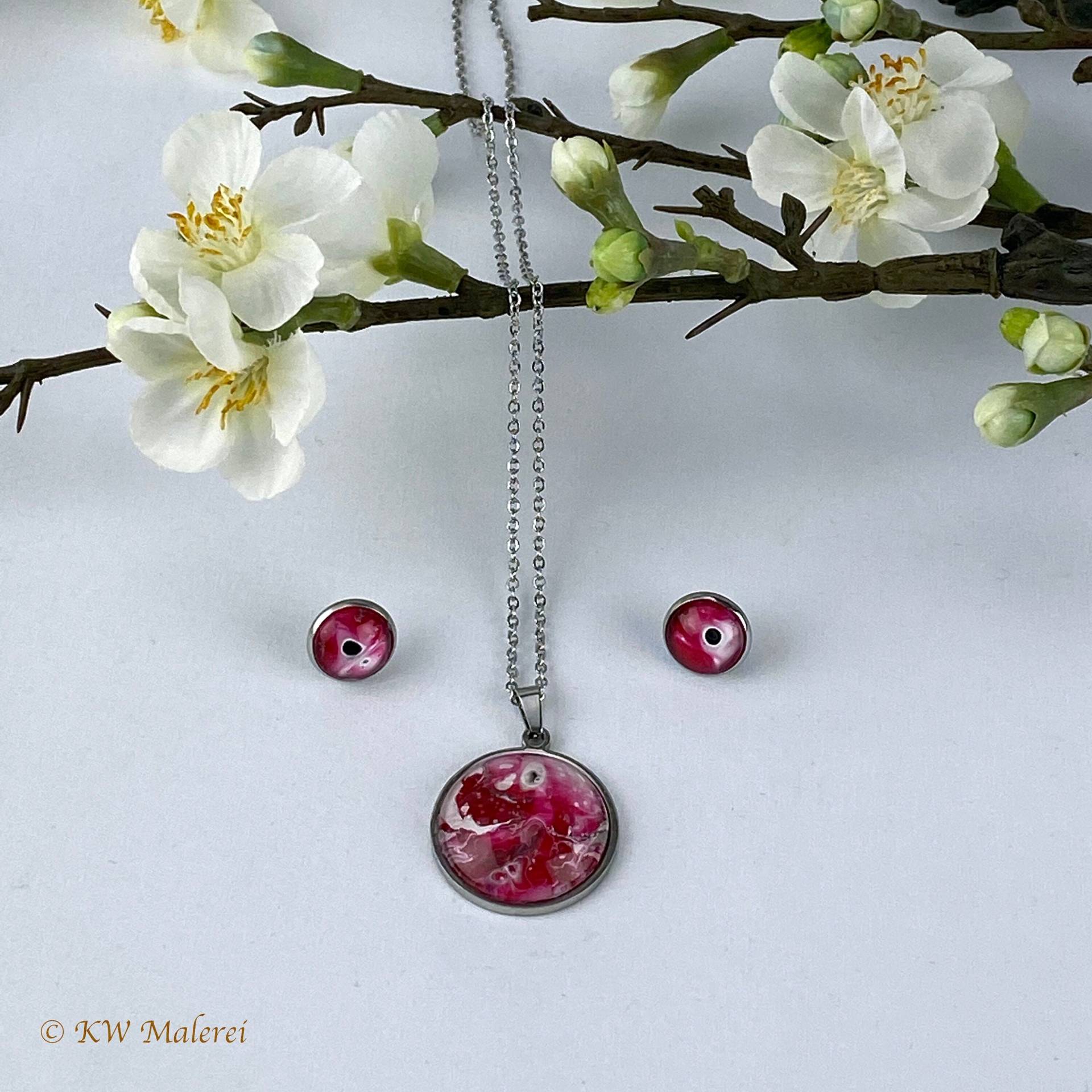 Edelstahlkette Mit Anhänger | Acryl Pouring Kunstwerk Und Ohrringen | Ø12 Mm Stecker Im Set - Unikat Edelstahlkette Mit Anhänger | Acryl Pouring Kunstwerk Und Ohrringen | Ø12 Mm Stecker Im Set - Unikat von KWMalerei