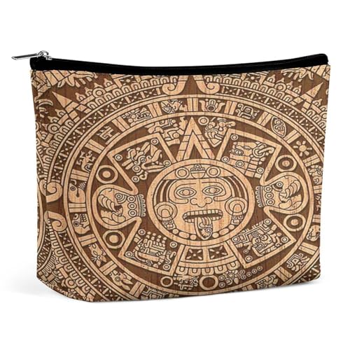 Antiker Aztekenkalender, Maya-Kalender, tragbare Kosmetiktasche, multifunktionale Aufbewahrungstasche, PU-Make-up-Tasche, Schreibwaren-Organizer mit Reißverschluss für das Büro bei Einer Versammlung von KWQDOZF