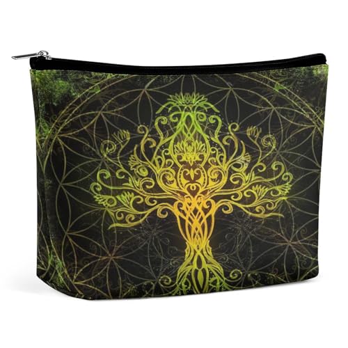 Baum-Lebenssymbol auf strukturiertem, ornamentalem Hintergrund, Blume des Lebens-Muster, Yggdrasil (3) Tragbare Kosmetiktasche, multifunktionale Aufbewahrungstasche, PU-Make-up-Tasche, Schreibwaren-Or von KWQDOZF