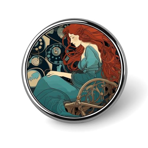 Dekorative Brosche mit rothaariger Frau, modische Anstecknadeln für Damen und Herren, Reversabzeichen, lustige Broschen für Anzüge, Kleidung, Jacken, Hüte, Rucksäcke, Geldbörsen, Taschenzubehör, rund von KWQDOZF