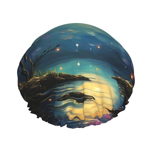 Duschhaube für Damen mit Libellen-Mond-Aufdruck, doppellagig, wasserdicht, Badehaube, elastisch, wiederverwendbar, Duschhut, Haarschutz, Badehut für Spa-Salon, Baden, Damen von KWQDOZF