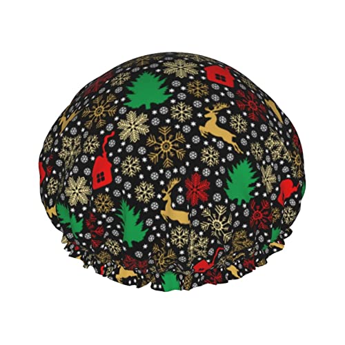 Duschhaube mit Aufschrift „Merry Christmas Deer Snowflake, Schlummertrunk, doppellagig, wasserdicht, elastische Badehaube, wiederverwendbare Bade-Haarhaube von KWQDOZF