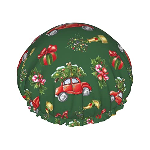 Duschhaube mit Aufschrift „Merry Christmas Tree Wine Truck, Schlummertrunk, doppellagige, wasserdichte, elastische Badehaube, wiederverwendbare Bade-Haarhaube von KWQDOZF