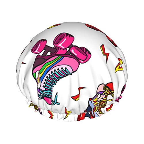 Duschhaube mit Blitz- und Rollschuh-Aufdruck, doppelter wasserdichter Schutz, Haarhaube, wiederverwendbar, elastischer PEVA-Badeduschhut für Männer, Frauen und Damen, Spa-Salon von KWQDOZF