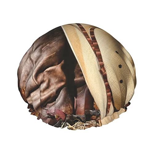 Duschhaube mit Cowboyhut und Westernstiefeln, schwarz, mit Gummizug, wasserdichte Duschhaube, doppellagig, wiederverwendbar, Ohrenschützer für Männer und Frauen. von KWQDOZF