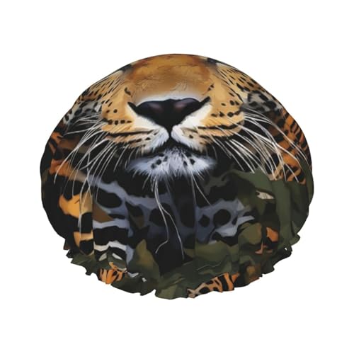Duschhaube mit Dschungel-Leopardenmuster für Damen, doppellagig, wasserdicht, Badehaube, elastisch, wiederverwendbar, Duschhut, Haarschutz, Badehut für Spa-Salon, Baden, Damen von KWQDOZF
