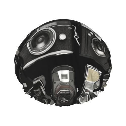 Duschhaube mit Gummizug, wiederverwendbare Badehaube für Damen, weiche doppellagige, wasserdichte Haarhaube, Duschhauben mit coolem Retro-Kamera-Motiv, für langes, kurzes und lockiges Haar von KWQDOZF