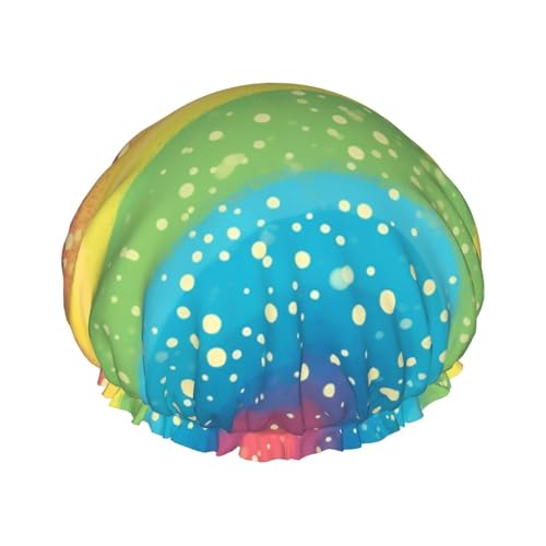 Duschhaube mit Regenbogen-Aufdruck für Damen, doppellagig, wasserdicht, Badehaube, elastisch, wiederverwendbar, Duschhut, Haarschutz, Badehut für Spa-Salon, Baden, Damen von KWQDOZF
