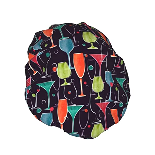 Duschhaube mit bunten Cocktailgläsern in Aquarellfarbe, Schlummertrunk, doppellagige, wasserdichte, elastische Badehaube, wiederverwendbare Bade-Haarhaube von KWQDOZF