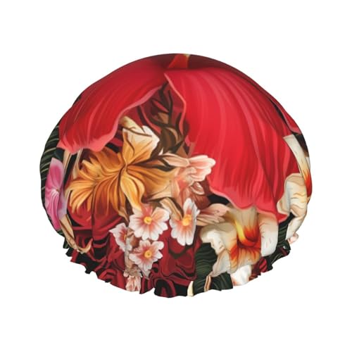 Duschhaube mit tropischem Blumenmuster-Druck für Damen, doppellagig, wasserdicht, Badehaube, elastisch, wiederverwendbar, Duschhut, Haarschutz, Badehut für Spa-Salon, Baden, Damen von KWQDOZF